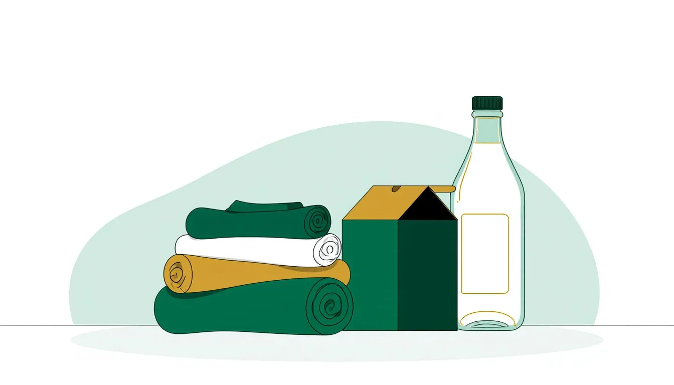 Folded towels beside a detergent carton and a bottle