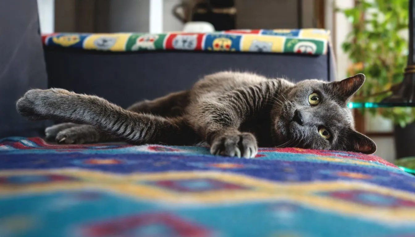 Gray cat lounging on a patterned blanket