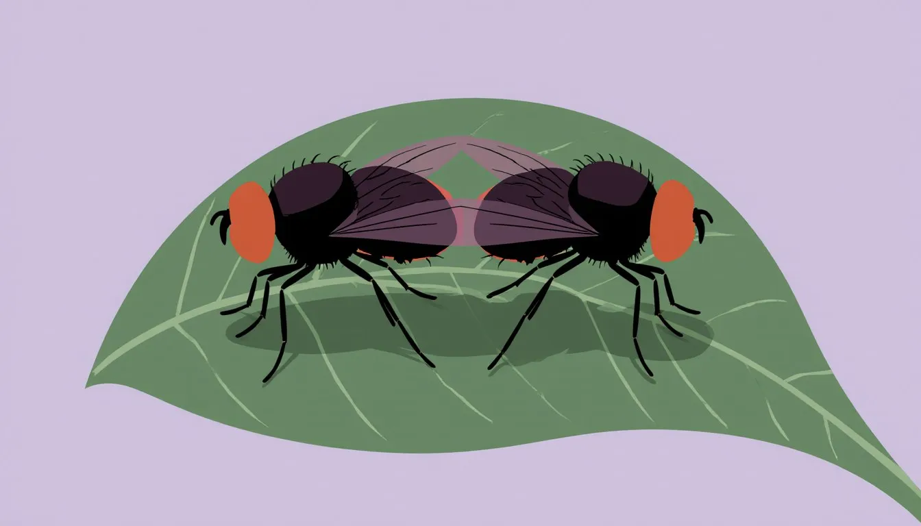 Pair of joined lovebugs resting on a green leaf