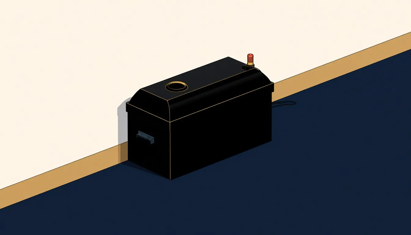 A black electronic rat trap set against a baseboard