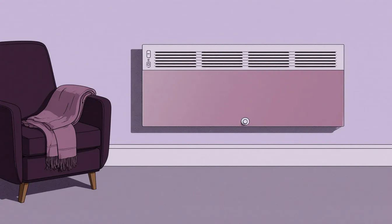 Wall-mounted electric panel heater beside an armchair