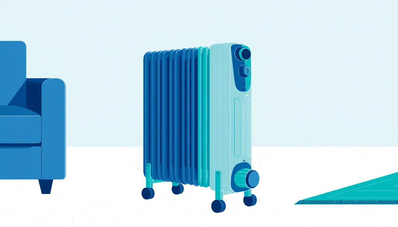 Oil-filled column radiator heater beside an armchair