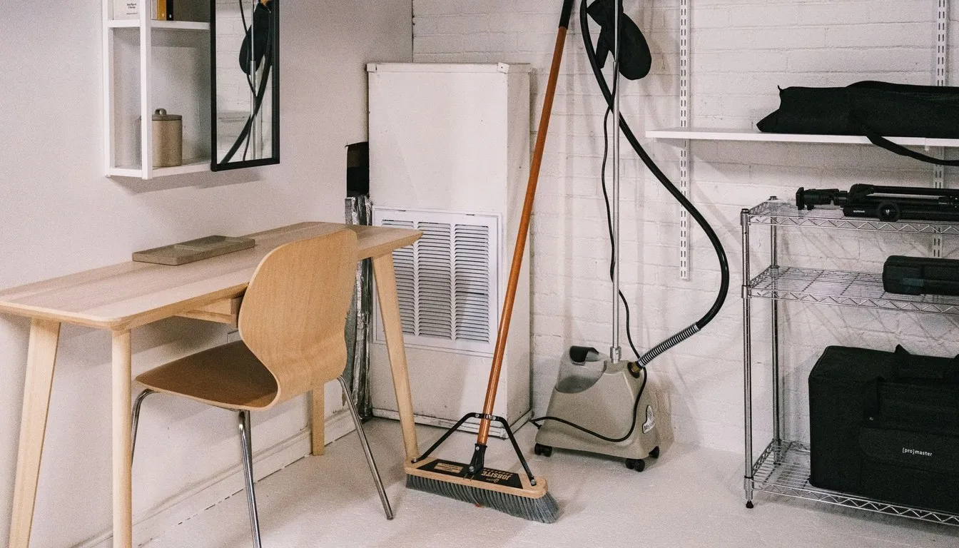 White heating unit in a room with a desk and cleaning tools