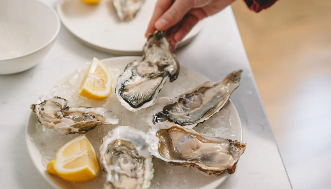 Fresh oysters being shucked on a plate with lemon