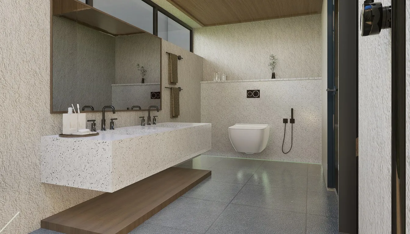 Modern bathroom with a wall-hung toilet and twin basins
