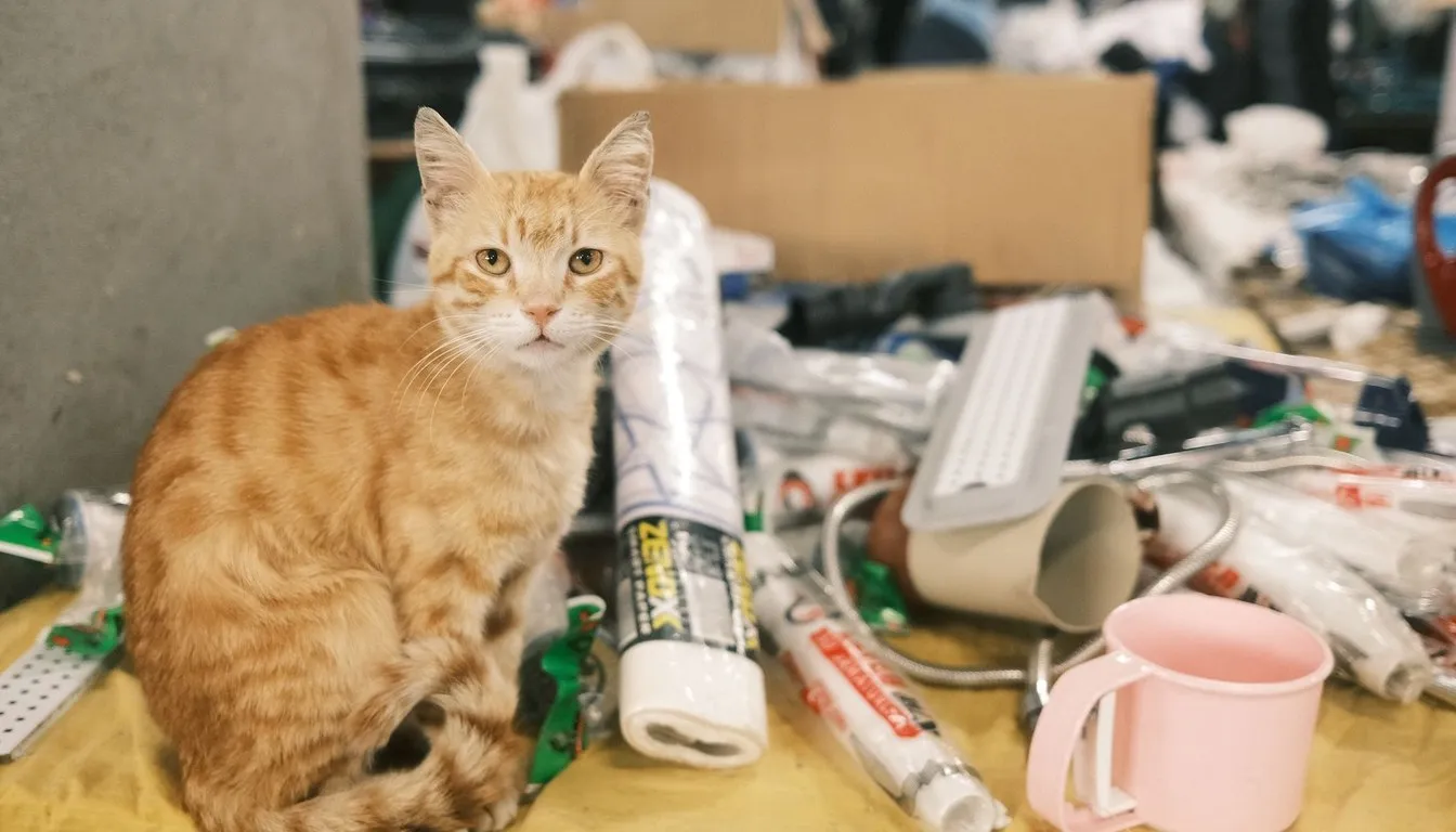 Cat sitting among household clutter