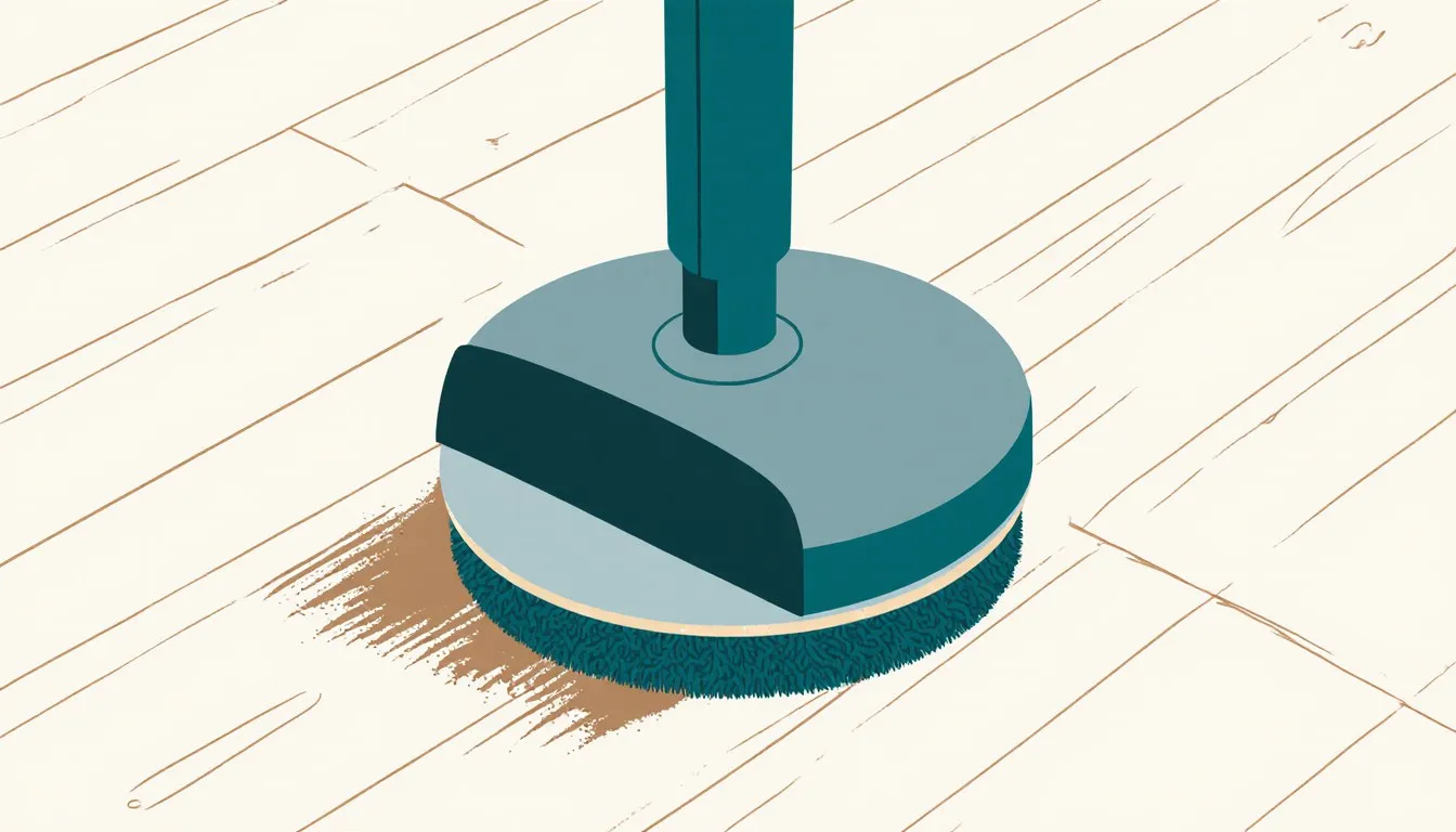 Floor buffer with a wax-stripping pad on a wood floor