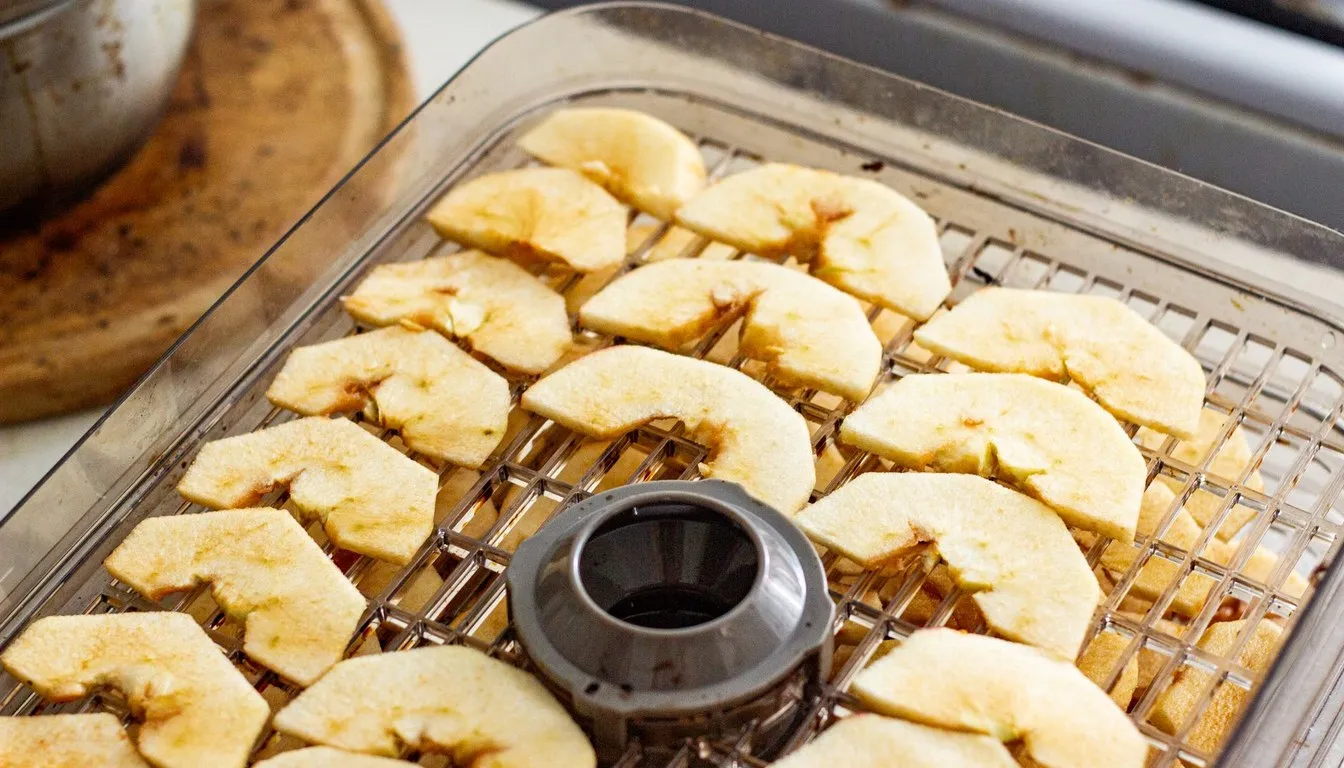 Apple slices drying on a dehydrator tray
