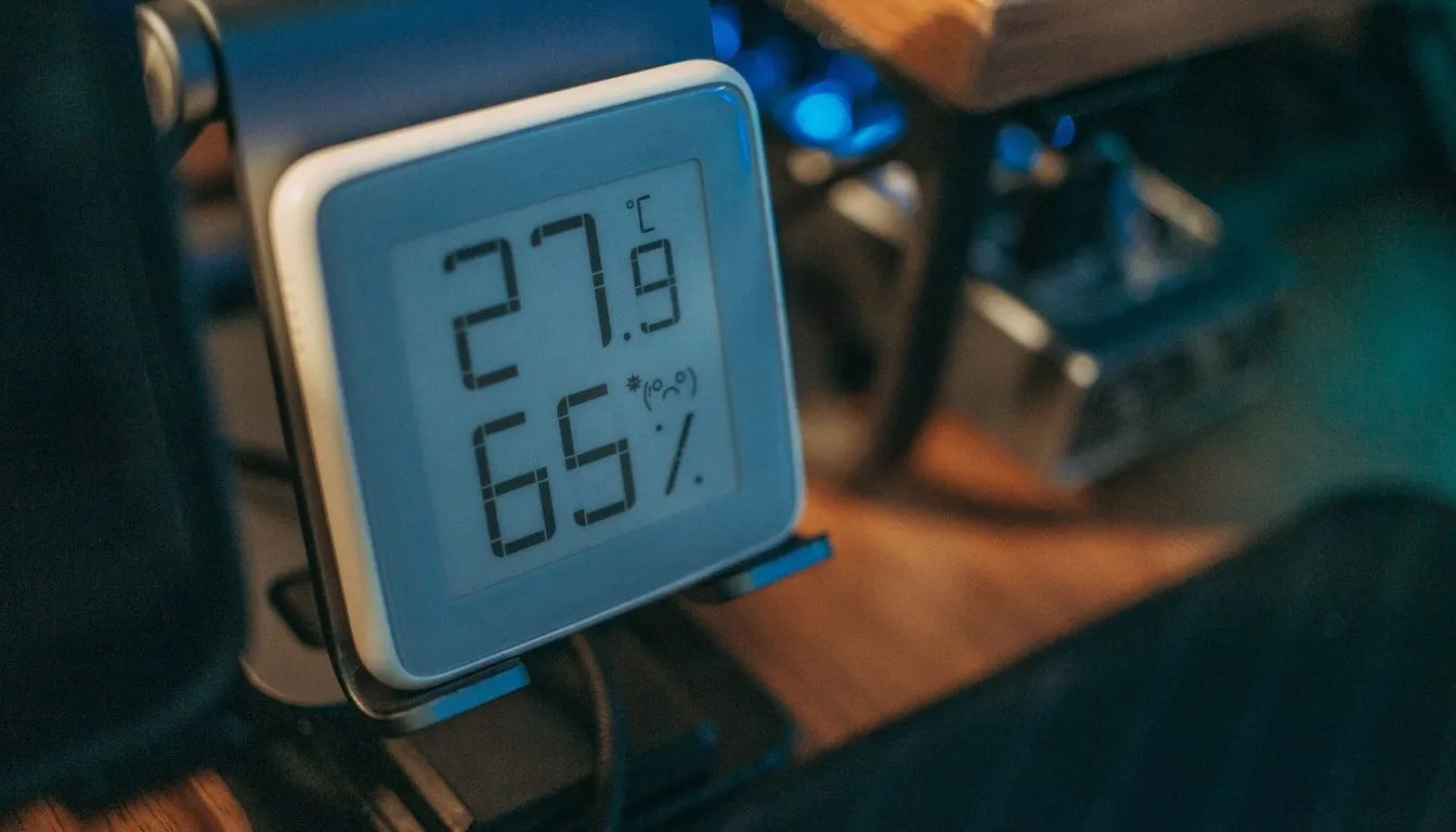 Digital air quality monitor showing temperature and humidity
