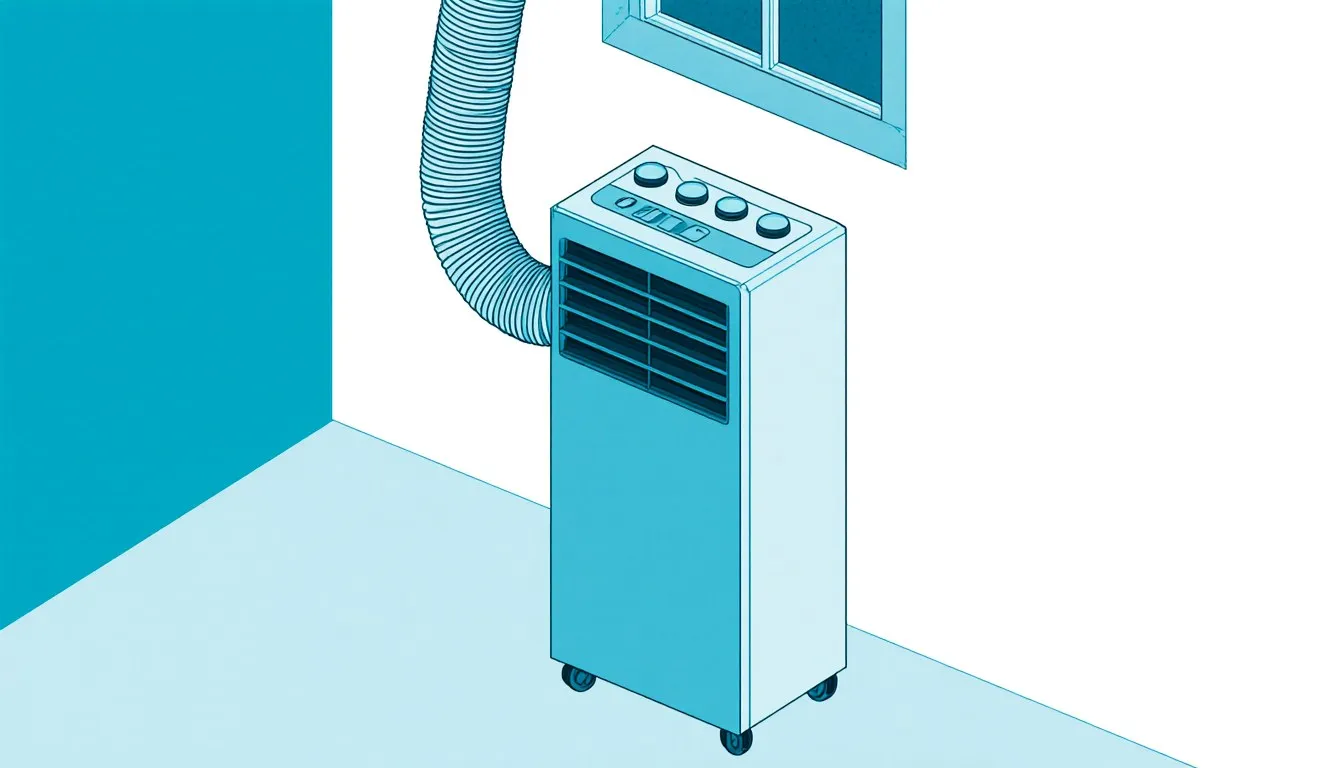Free-standing portable air conditioner with its exhaust hose vented out a window
