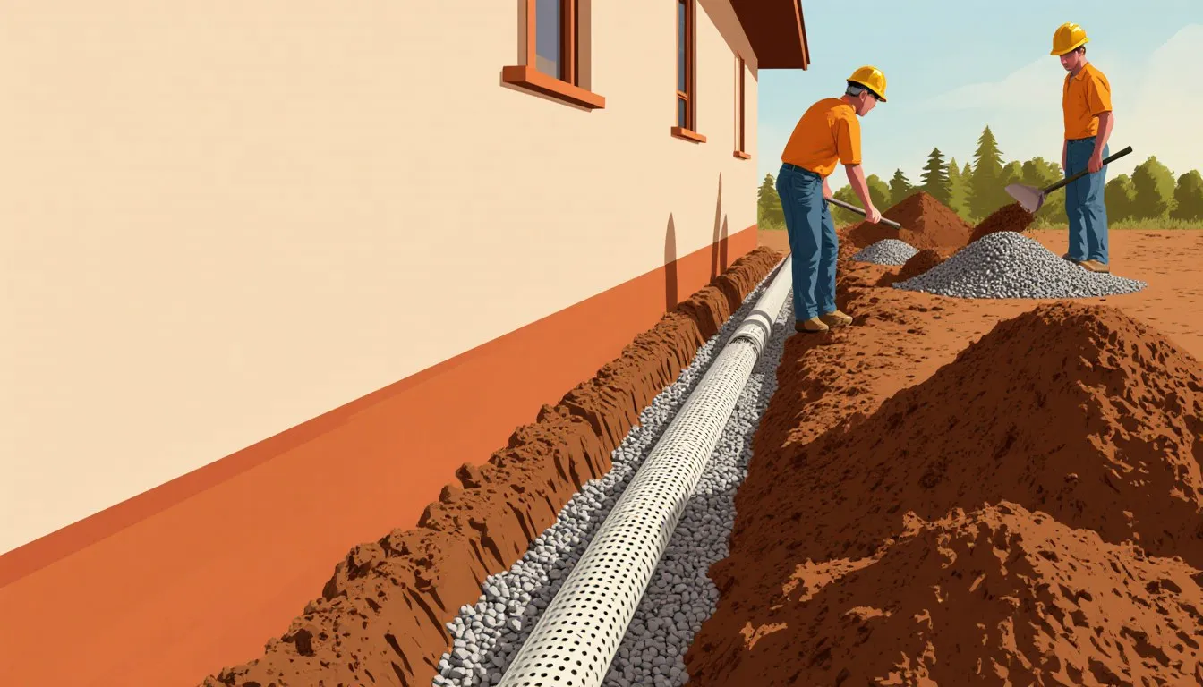 Workers laying perforated pipe and gravel in a french drain trench