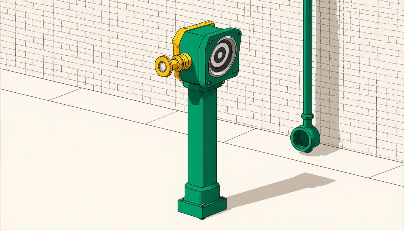 Post indicator valve standing outside a building wall
