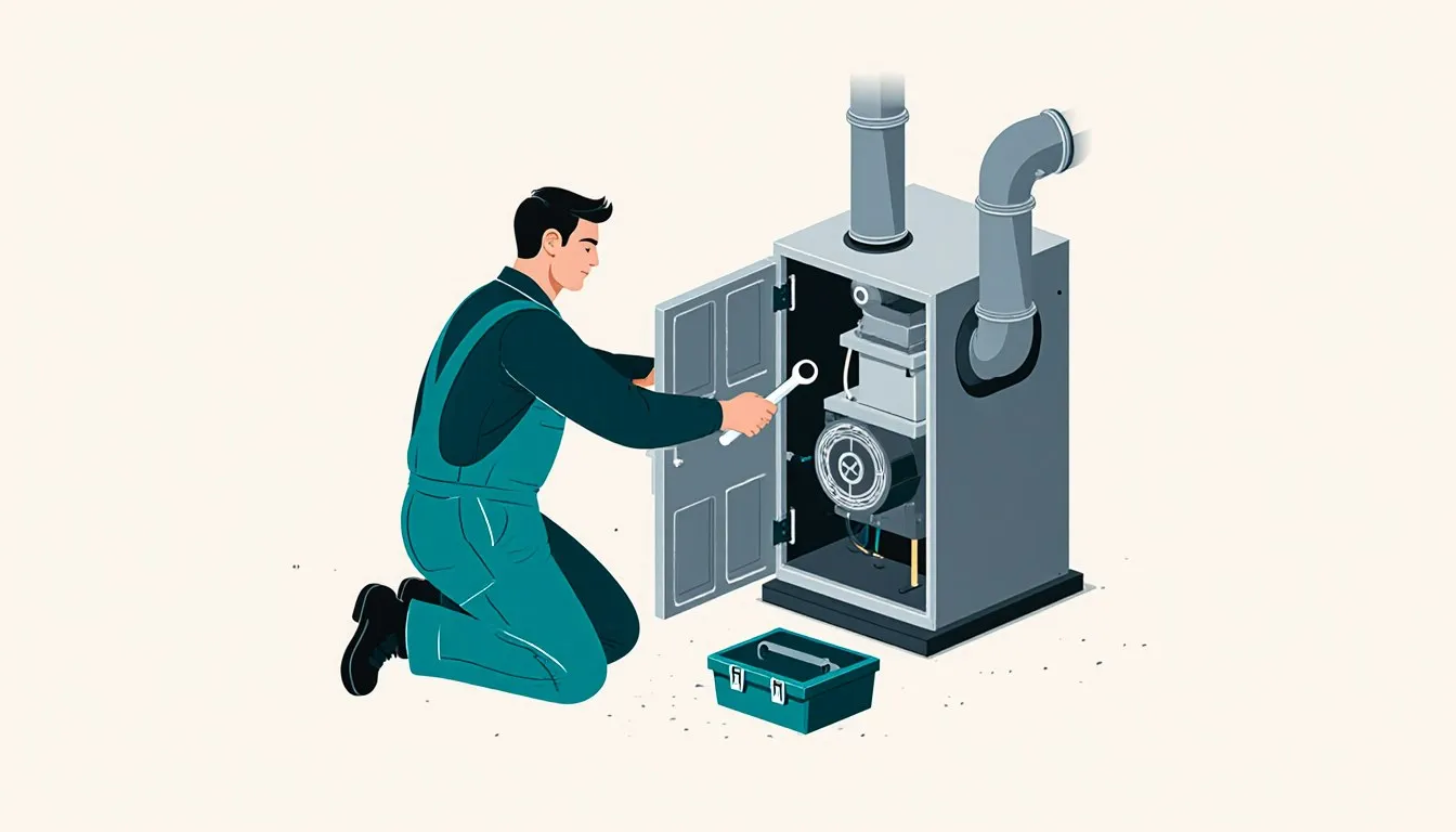 Technician in coveralls working inside an open gas furnace