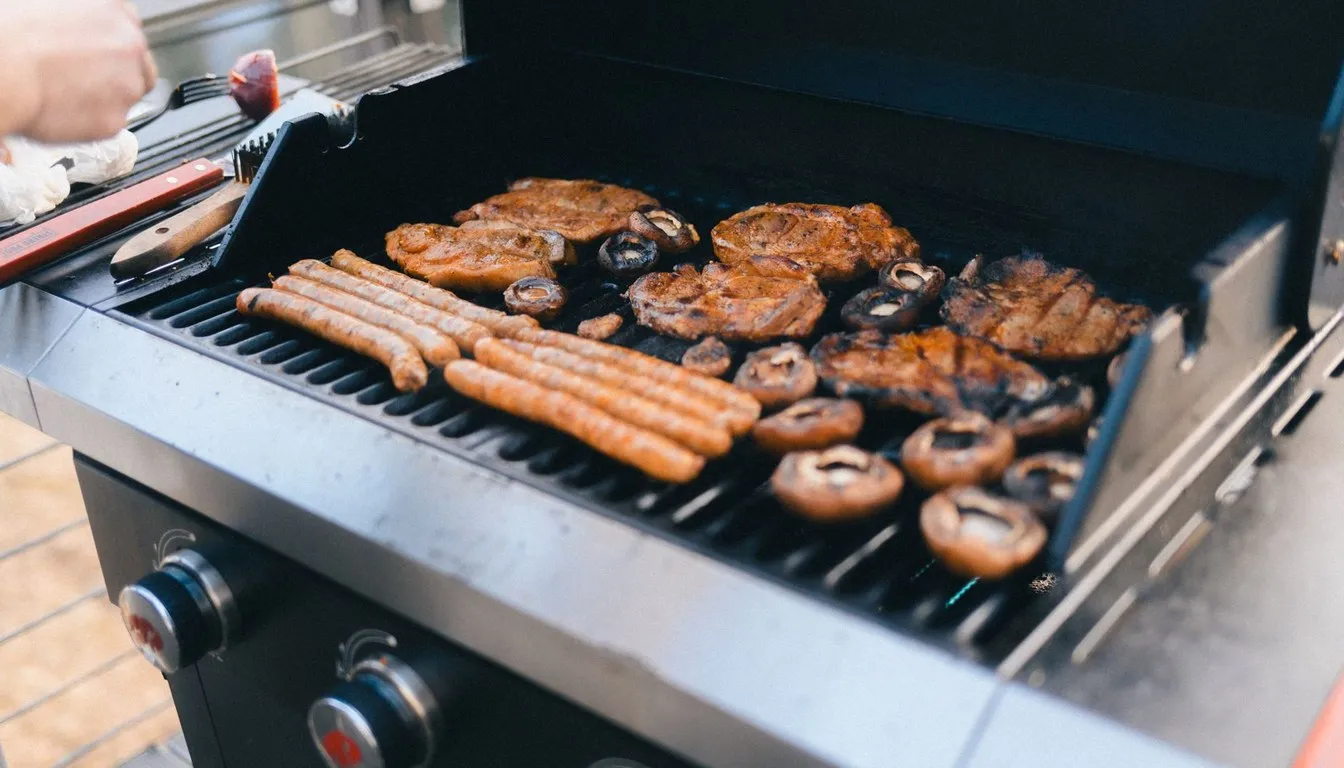 Burgers and sausages cooking on a gas grill