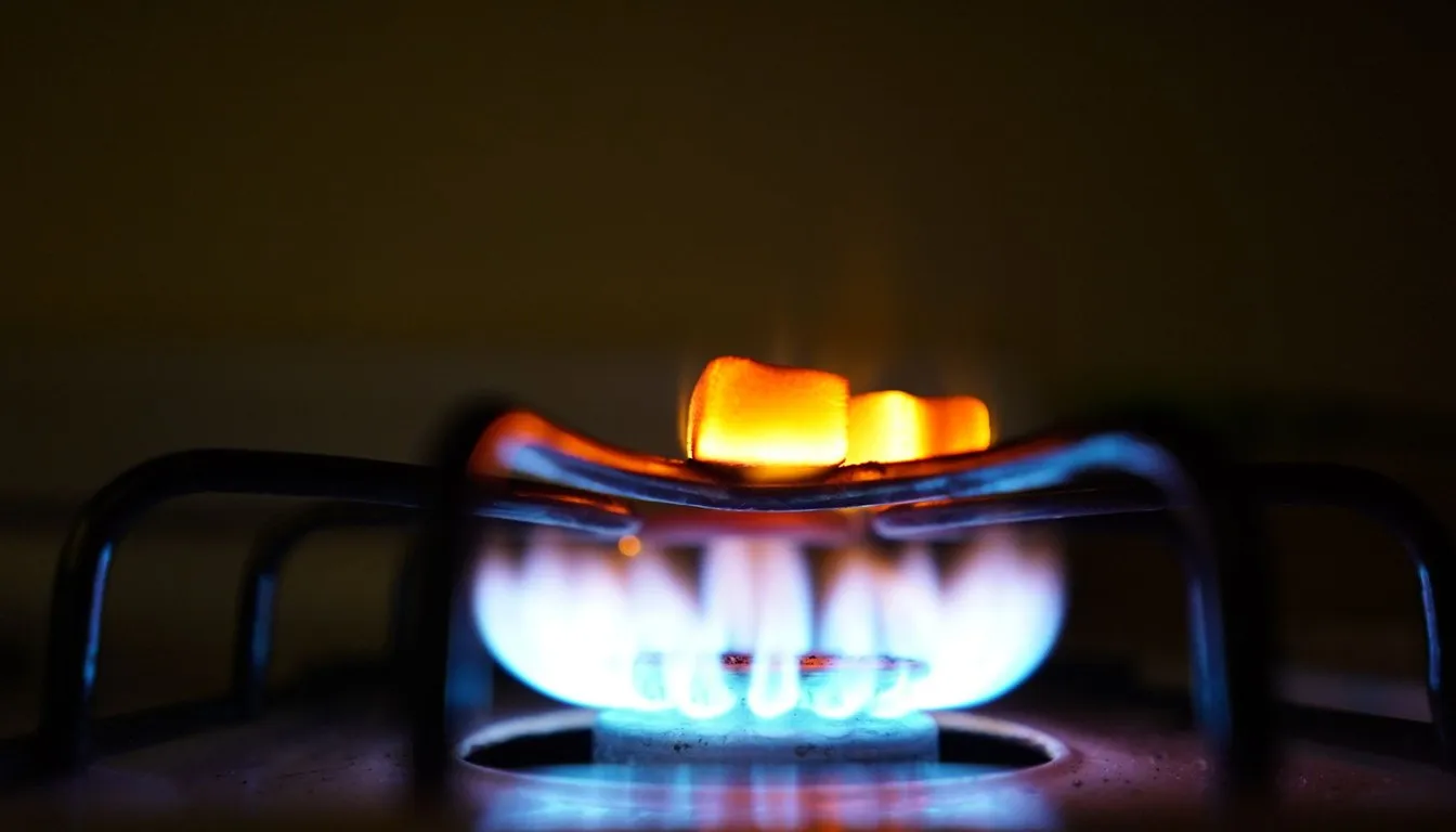 Blue and orange flames on a gas burner