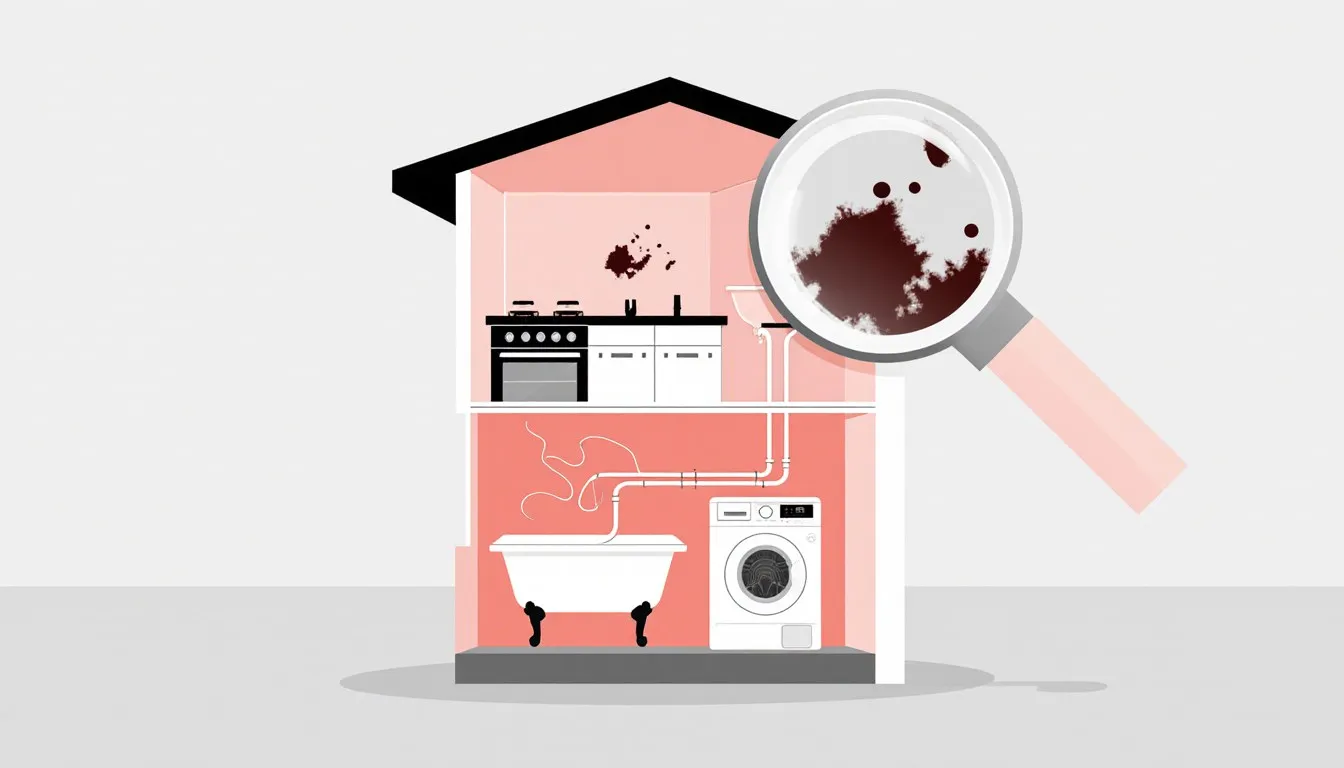 Cutaway illustration of a house with a magnifying glass finding a damp stain behind a bathroom wall pipe