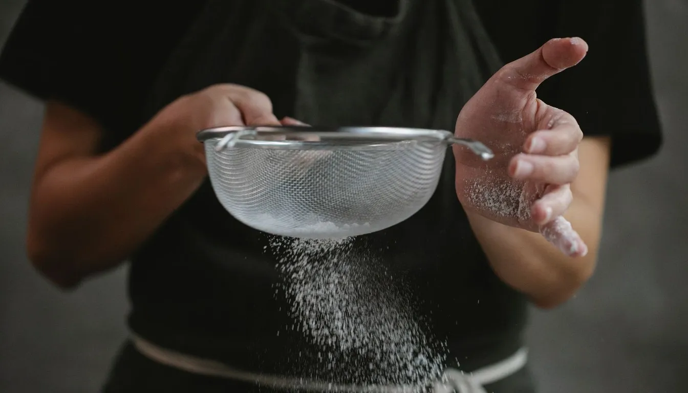 Person sifting fine powder over a surface