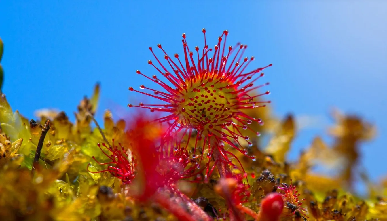 Sundew plant with sticky red tentacles that trap small flies
