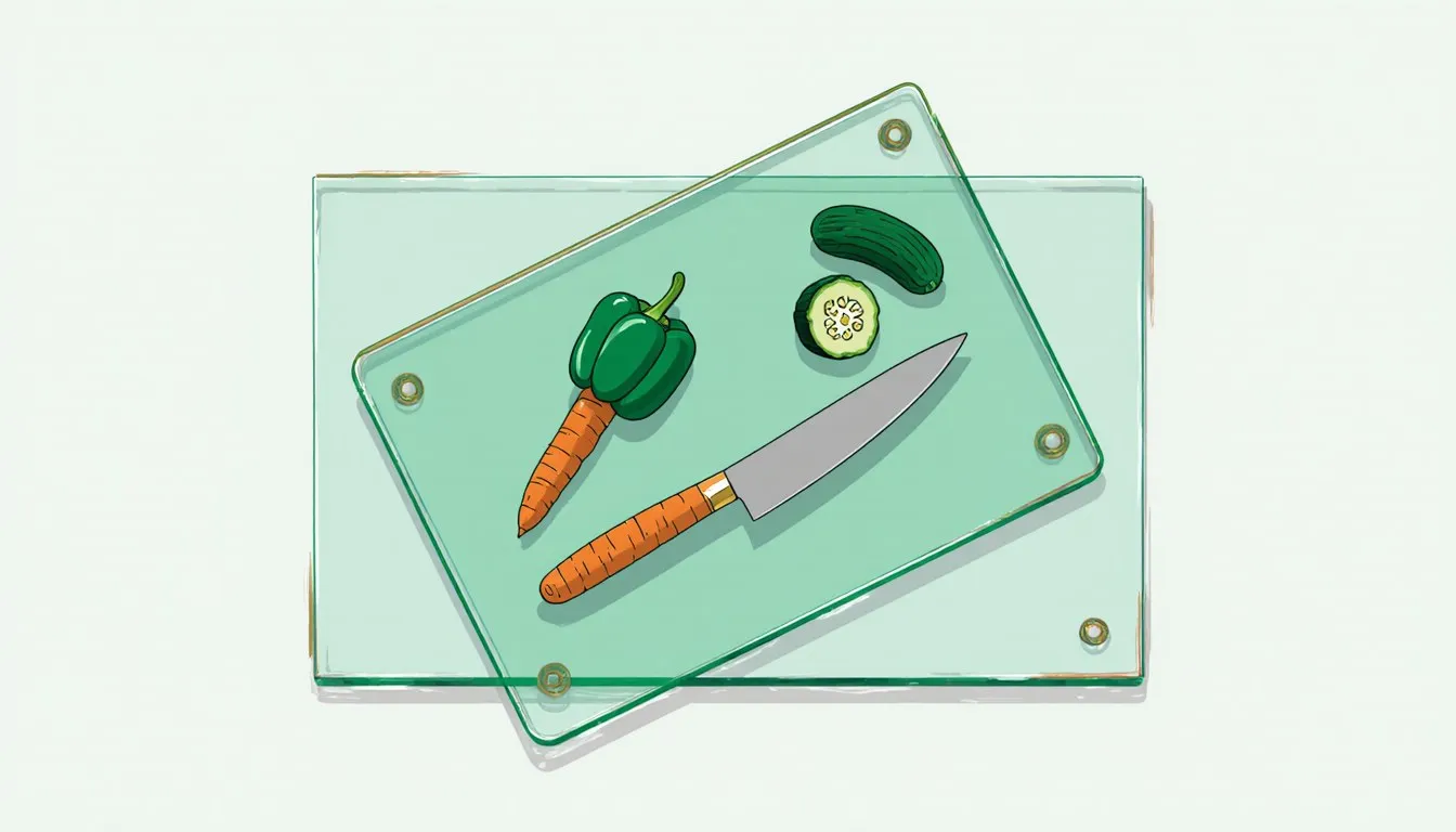 Glass cutting board with a knife and sliced vegetables