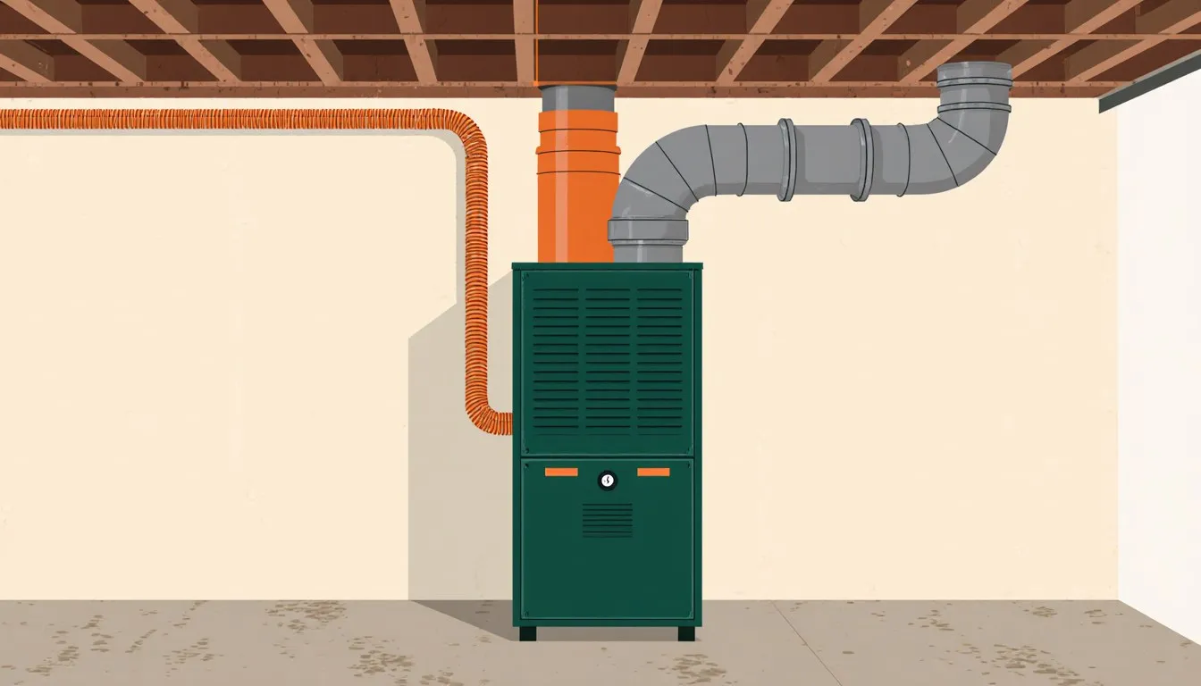Gas furnace connected to overhead supply and return ducting in a basement