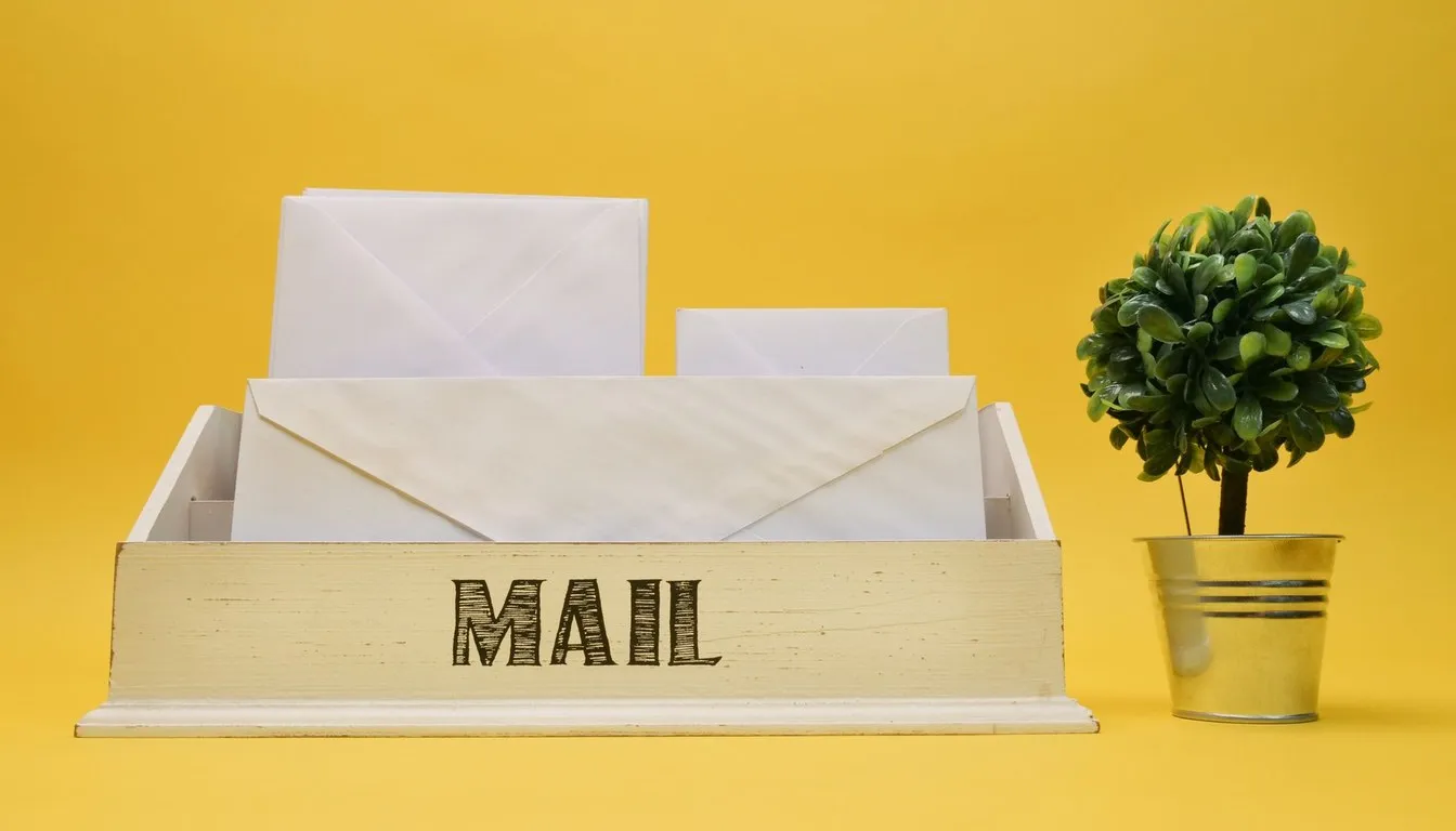 Wooden mail organizer stuffed with envelopes