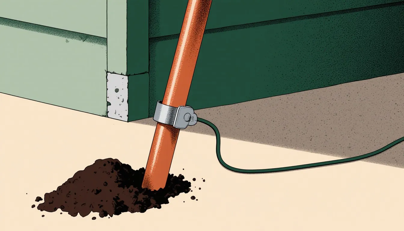 Copper grounding rod driven into soil with its clamp and wire