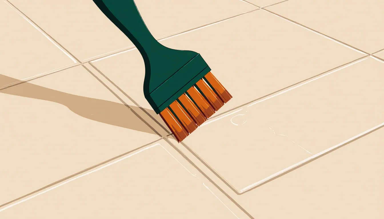 Brush applying grout sealer along tile grout lines