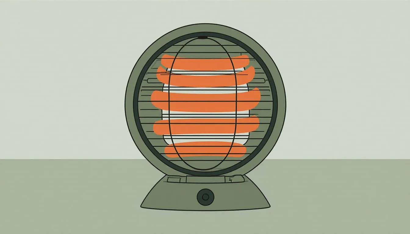 Halogen heater with glowing orange elements behind a round guard