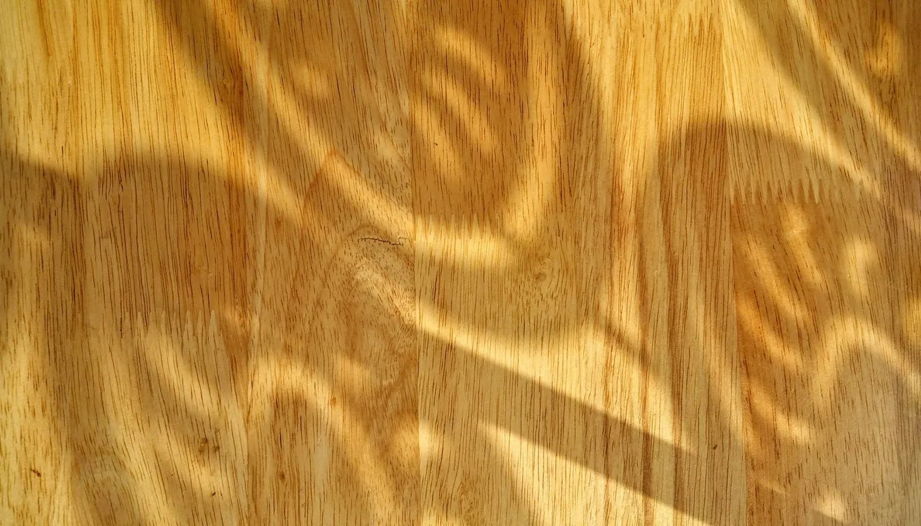 Sunlight casting patterned shadows on a polished hardwood floor