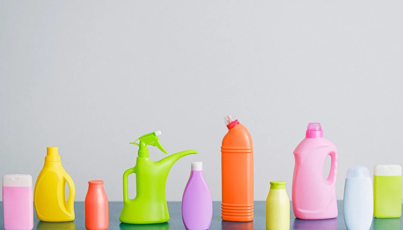 Row of colorful plastic cleaning product bottles on a gray surface