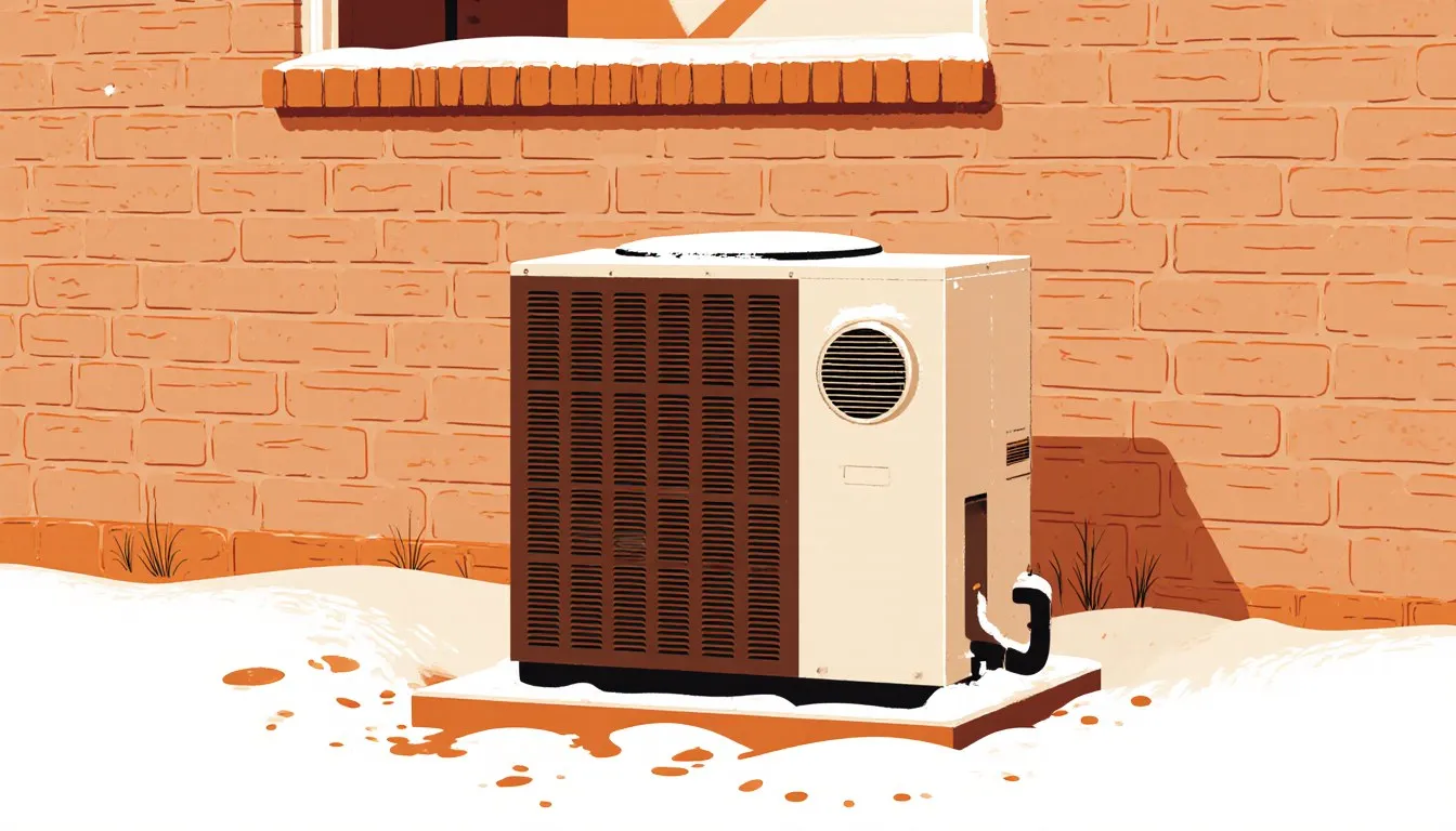 Outdoor heat pump unit beside a brick wall