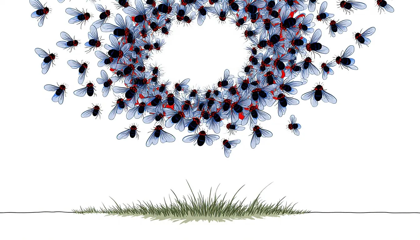 A swarm of black flies above grass