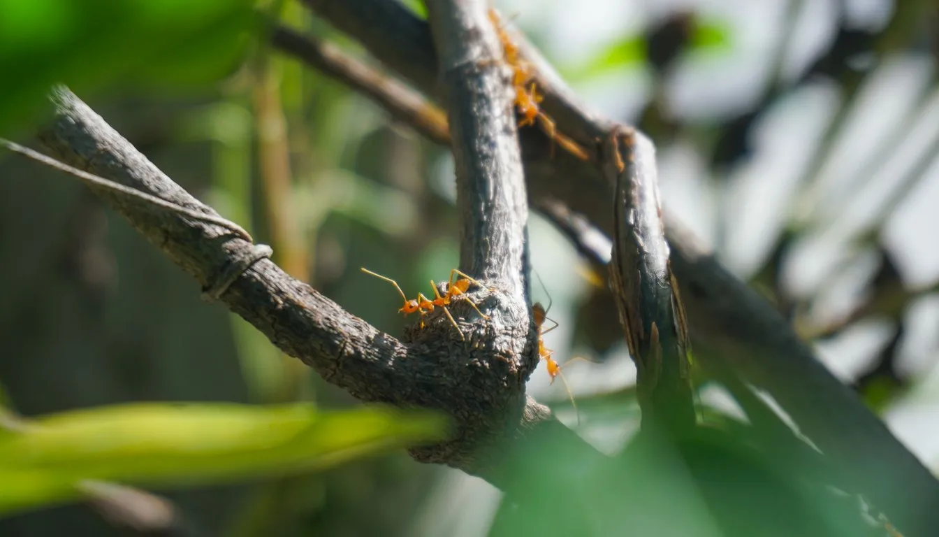 Ants crawling along a thin twig
