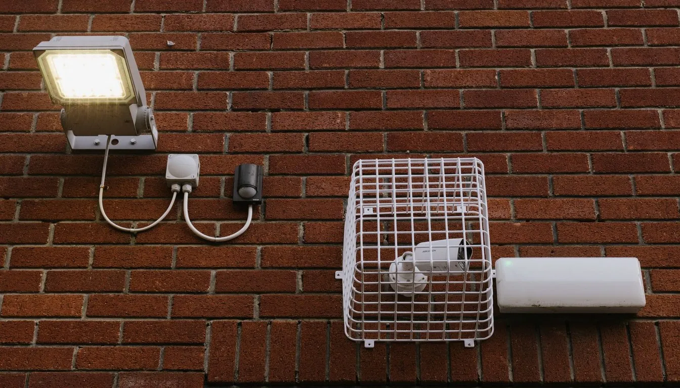Floodlight and security camera mounted on brick