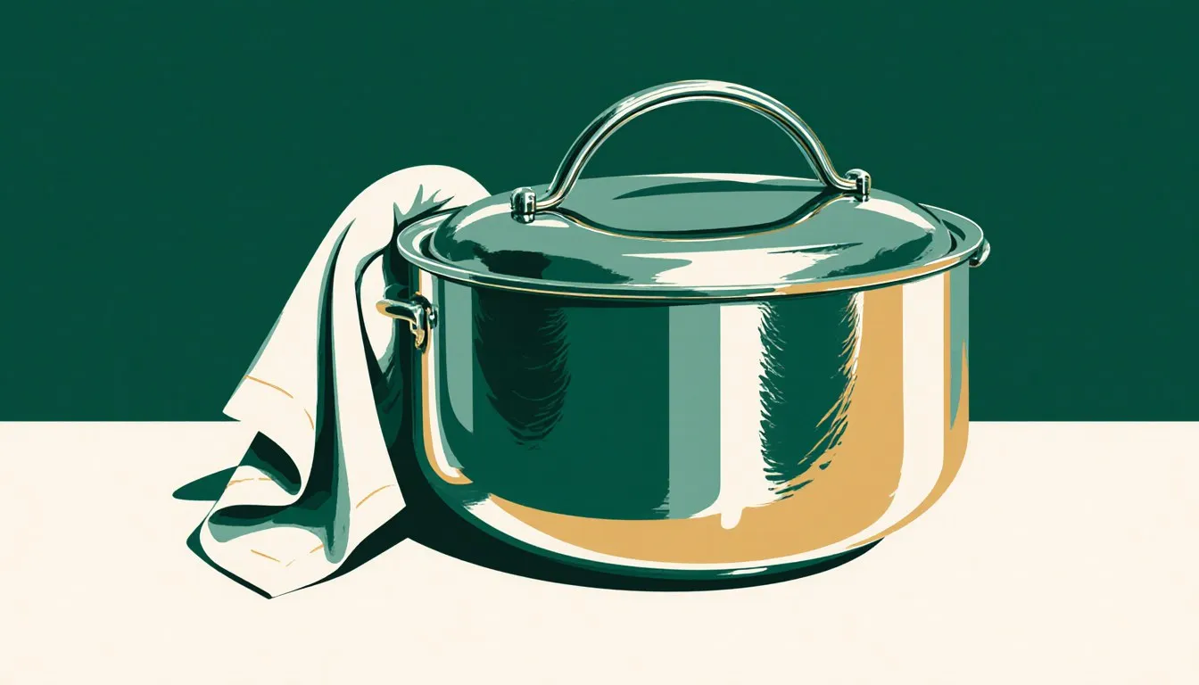 Polished aluminum pot with a cloth draped over it
