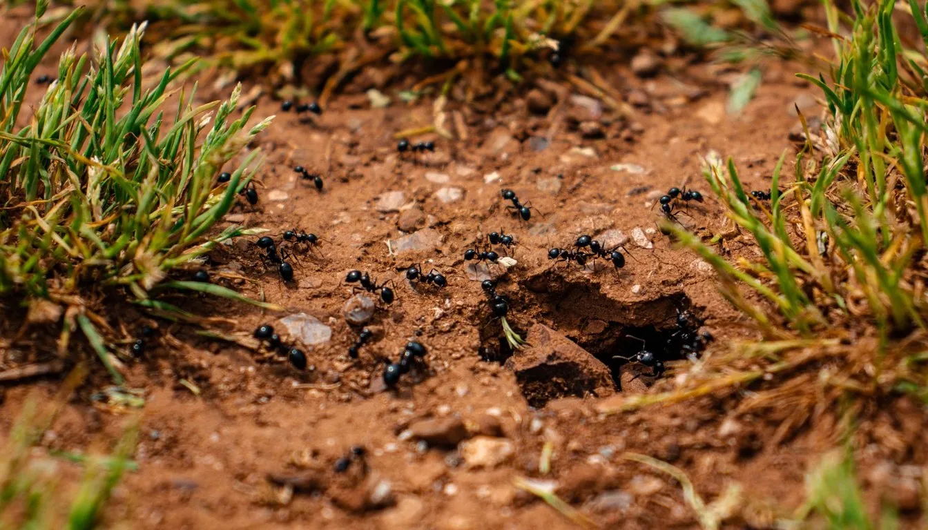Ants swarming over bare ground