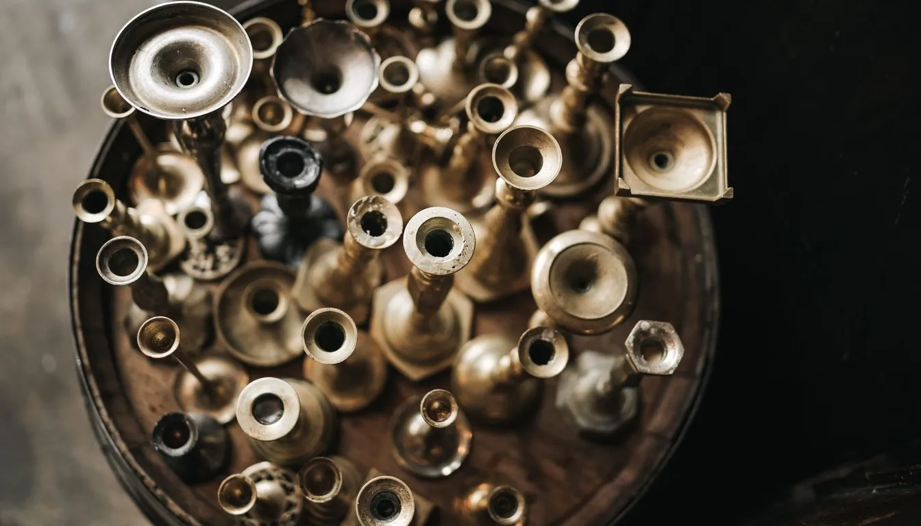 Tarnished brass candlesticks and vessels seen from above