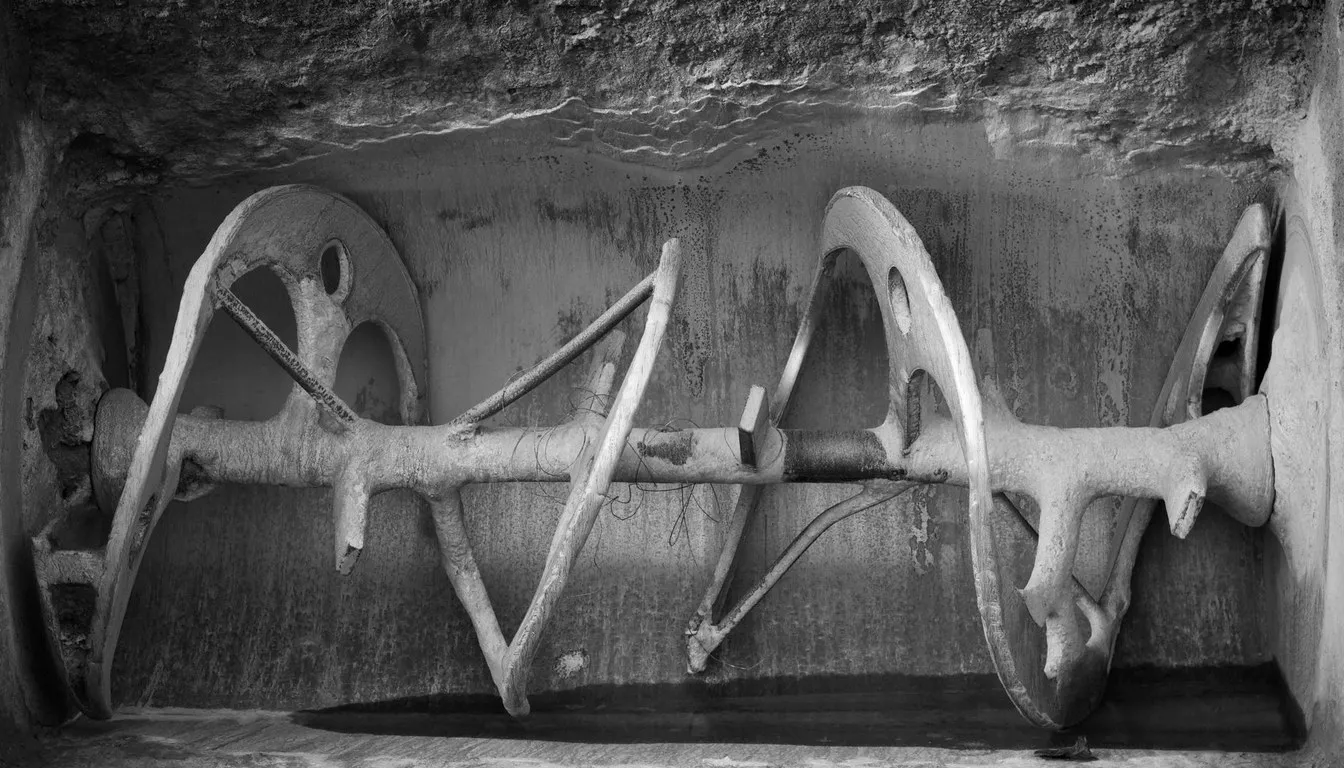 Helical mixing blades inside an old mixer drum