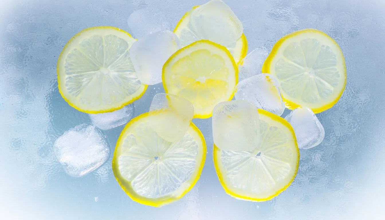 Lemon slices surrounded by ice cubes