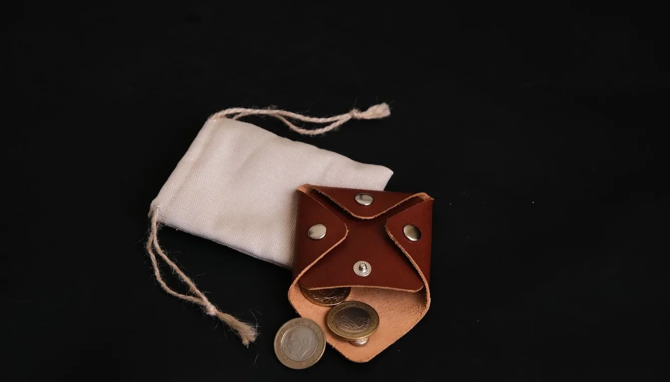 Leather coin pouch and drawstring bag with coins on a dark surface