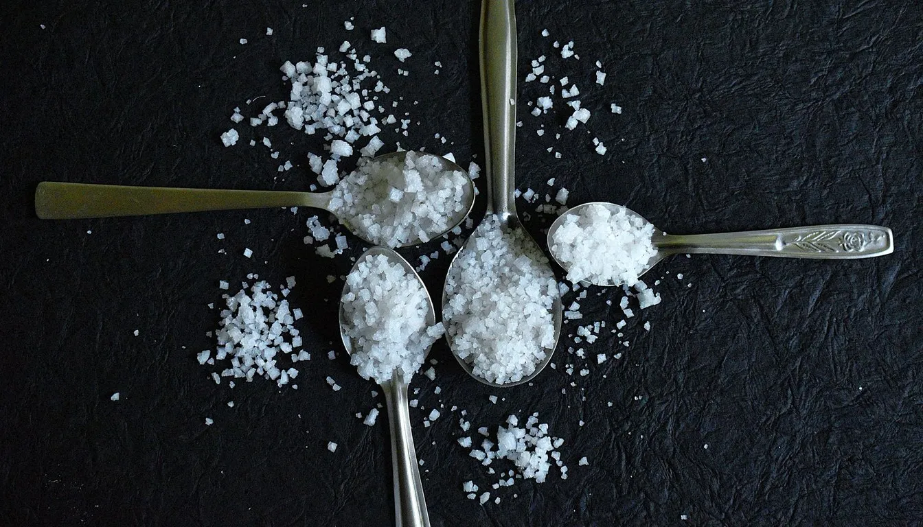Silver spoons dusted with baking soda and salt on a dark surface