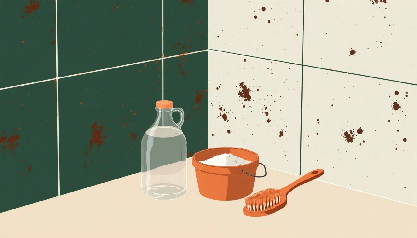 Vinegar bottle, bowl, and brush beside mold-stained tile