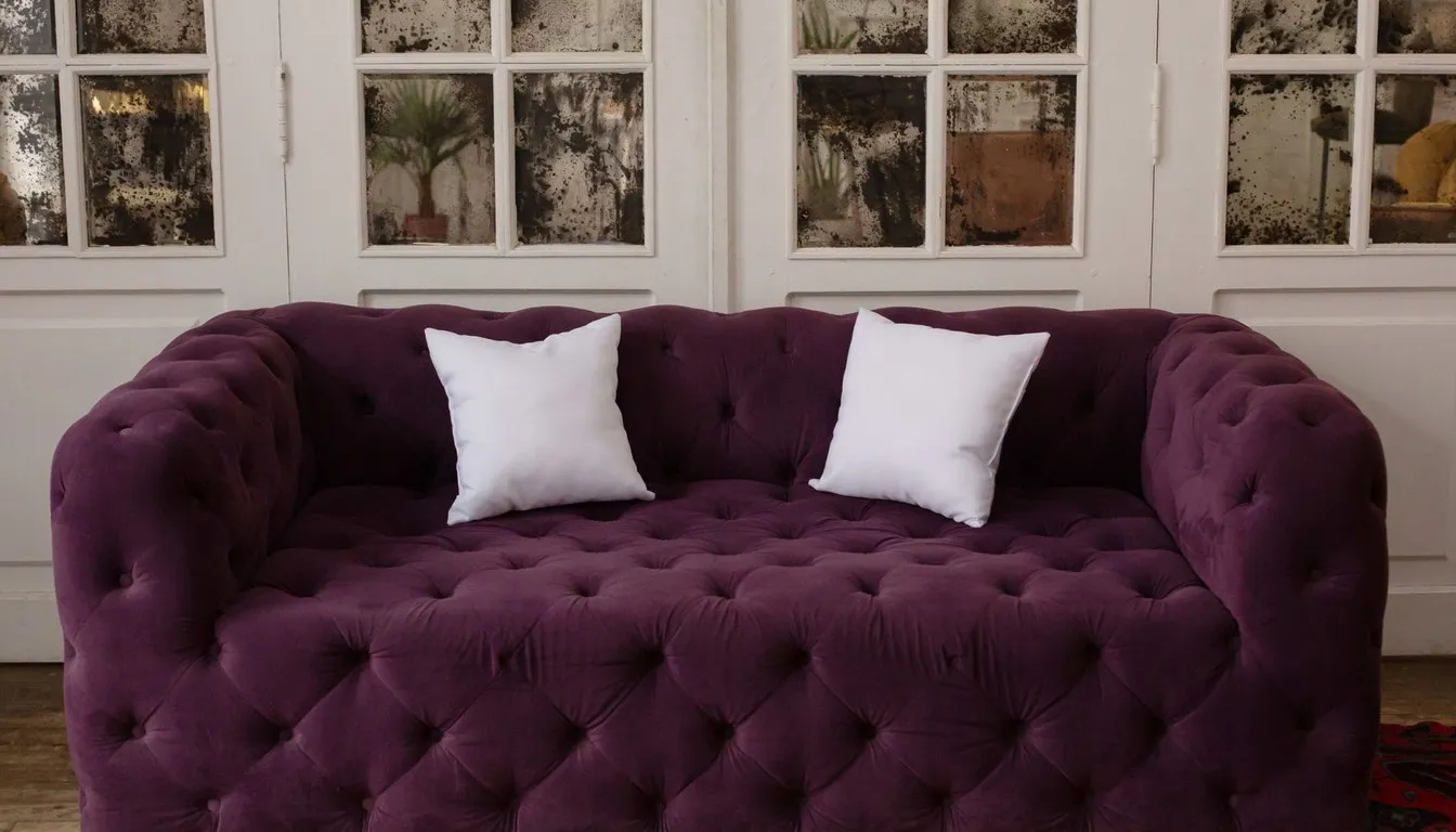 Purple tufted sofa in a room with peeling walls
