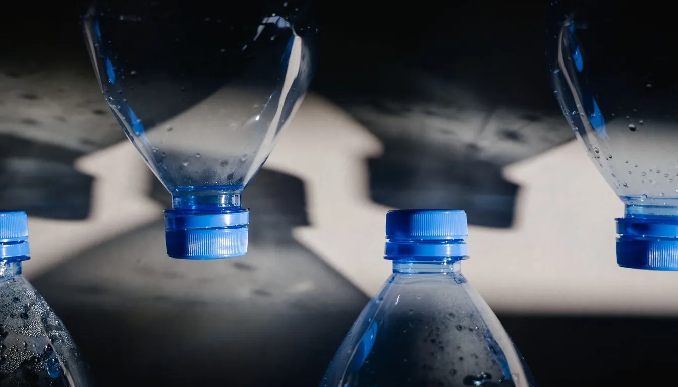 Upside-down plastic water bottles in rows