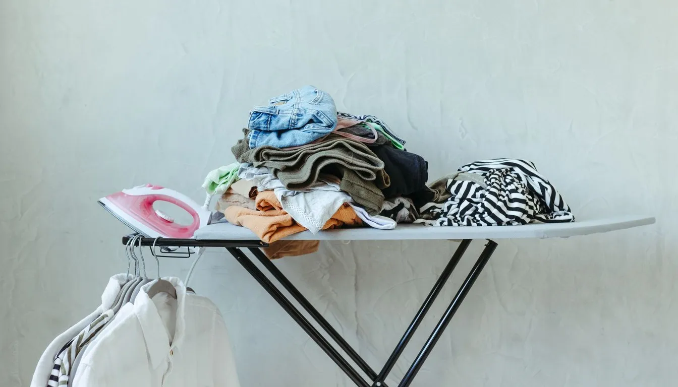 Ironing board piled with laundry to fold