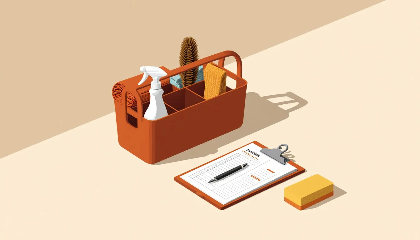 Cleaning caddy of supplies beside a clipboard checklist