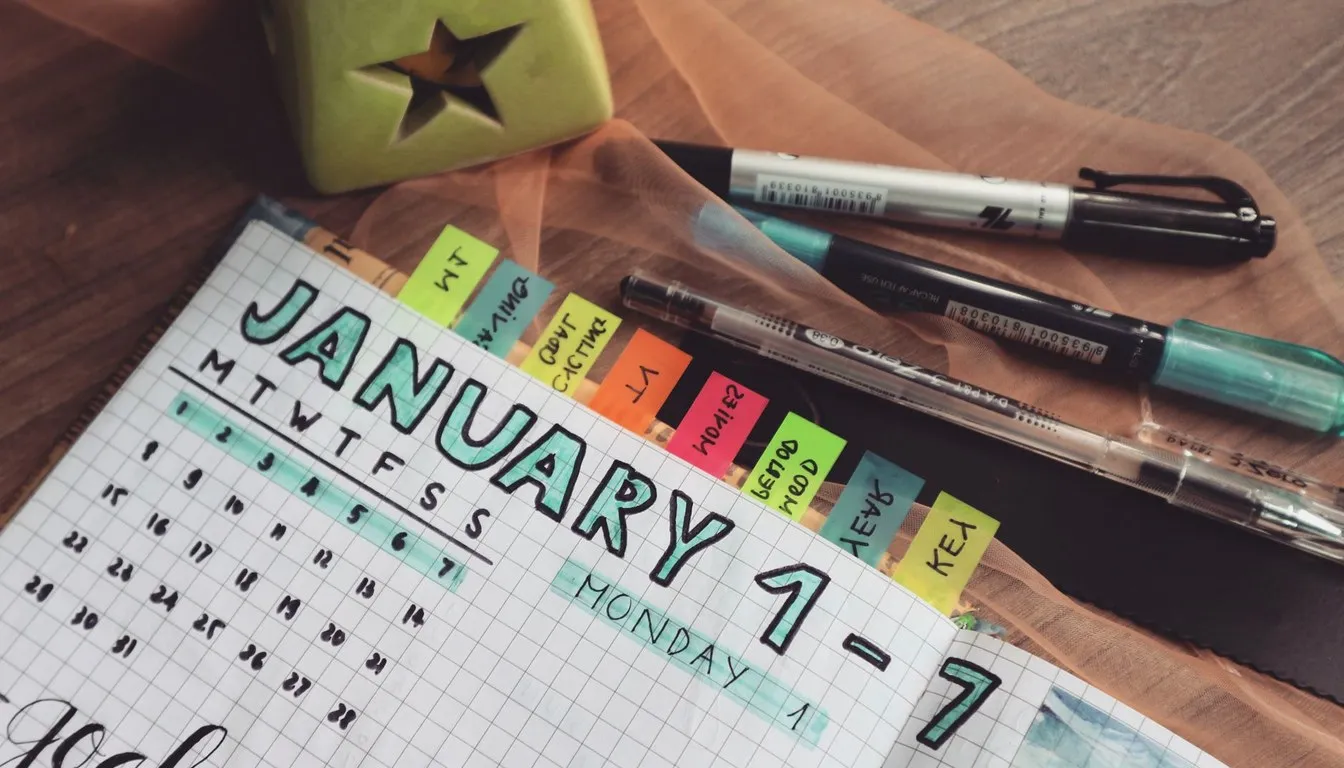 Weekly planner page with colored tabs and pens