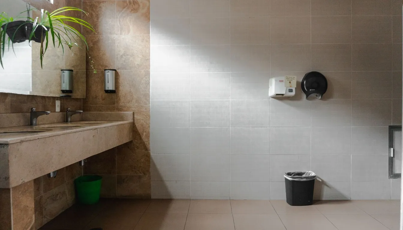 Wall-mounted dispensers in a tiled restroom