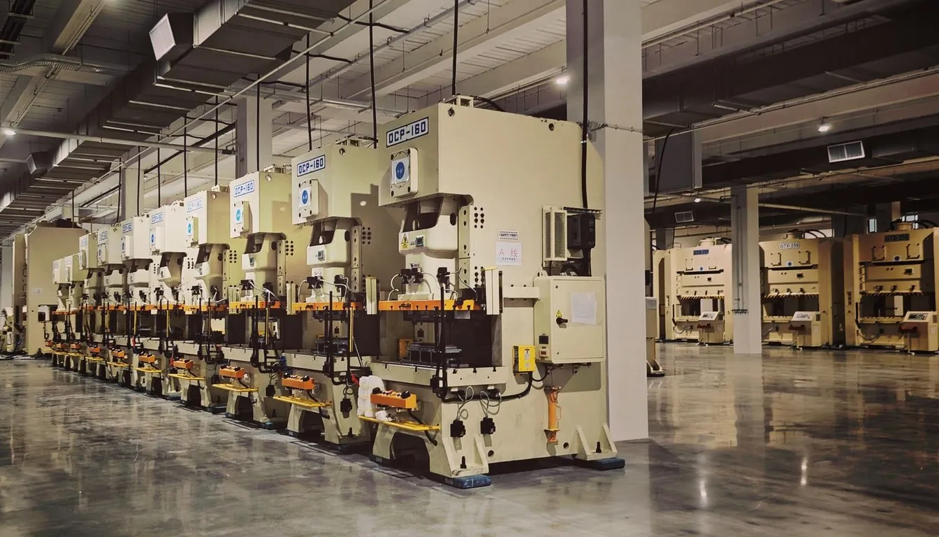 Row of industrial die-cutting press machines on a factory floor