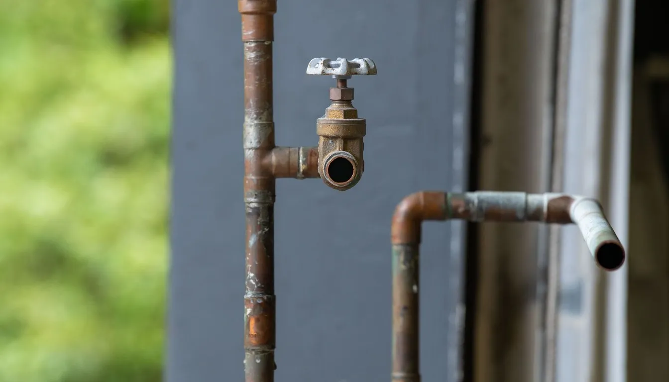 Brass valve fitted to an outdoor pipe
